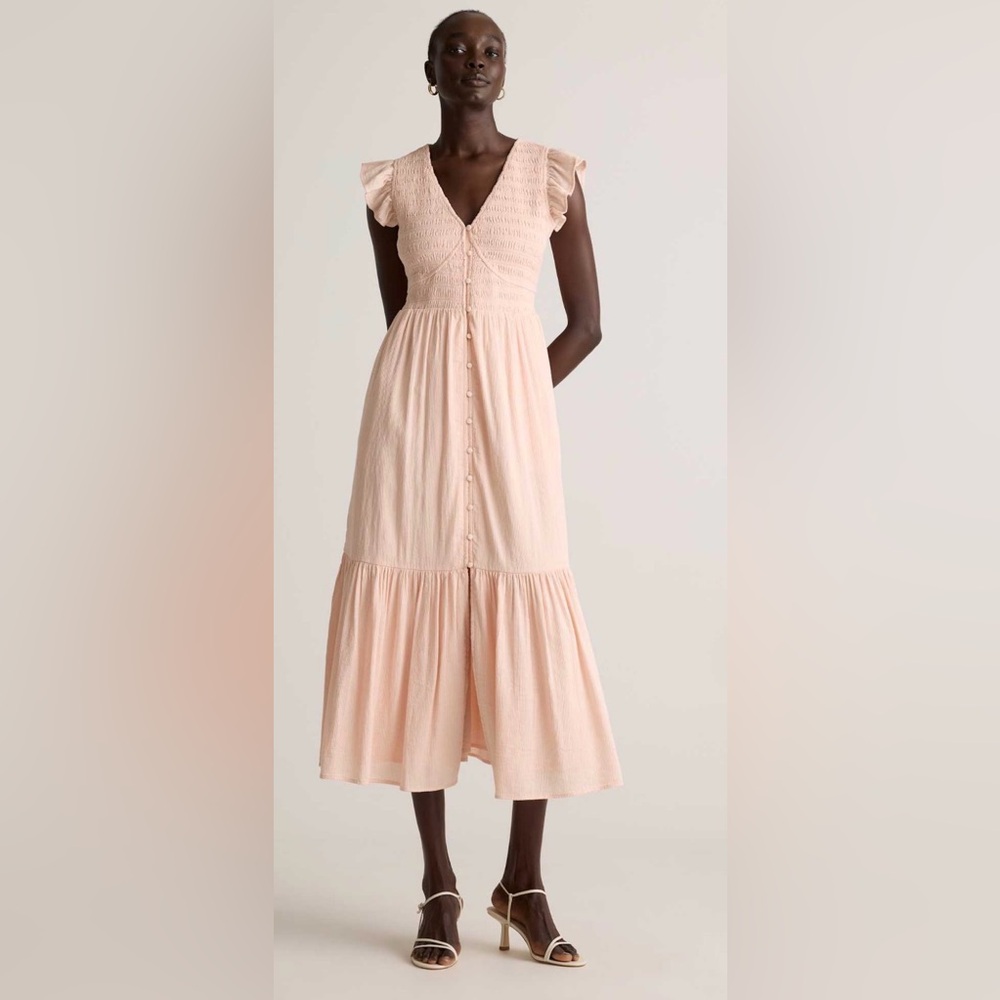 Quince Soft Blush Button-Front Smocked Maxi Dress